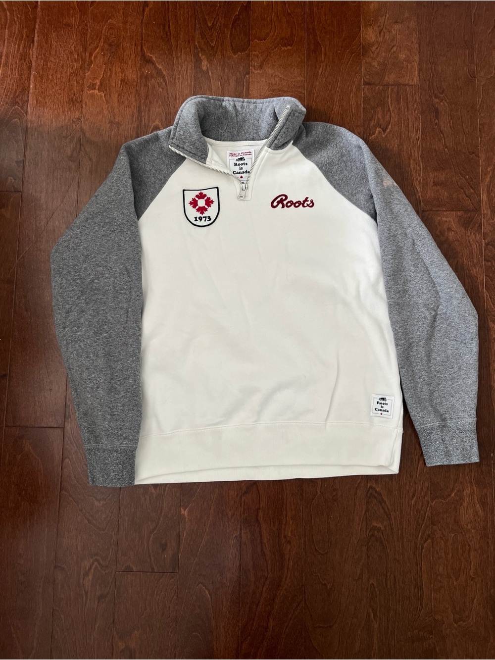 Roots Cream and Gray Quarter-Zip Sweatshirt with Red Embroidery